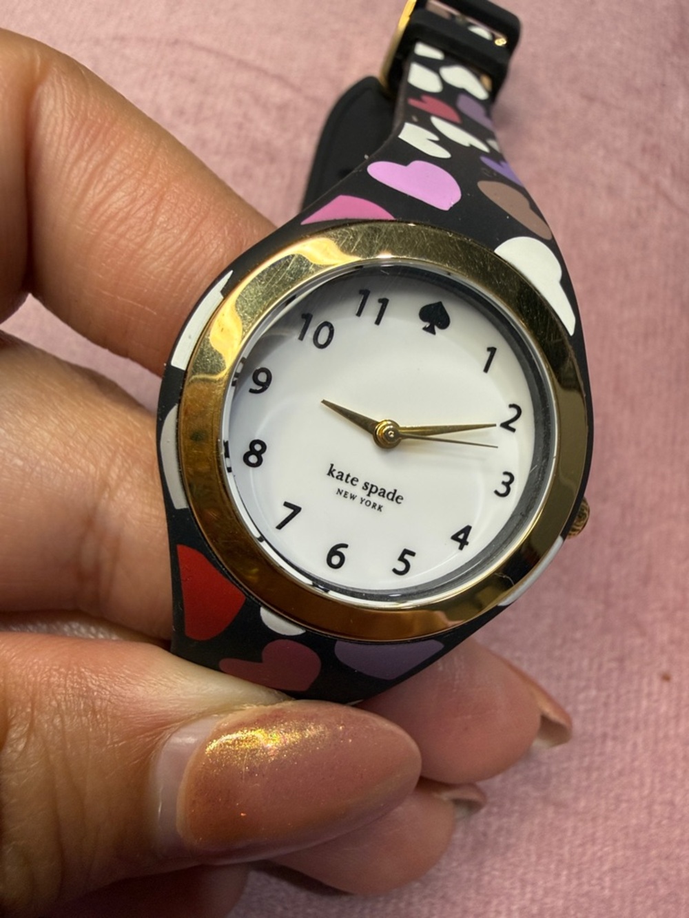 kate spade Black Silicone Heart-Print Watch with Gold Bezel